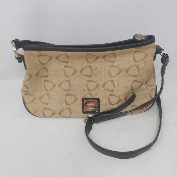 Liz Claiborne Vintage Y2K Tan Canvas Geometric Print Black Leather Shoulder Bag - Picture 14 of 14